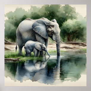 Waterverf illustratie van mama en Baby olifant Poster