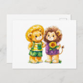 Waterverf illustratie van teddybeer en leeuwenwit briefkaart (Voorkant / Achterkant)