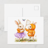 Waterverf Illustratie van Twee Bunnies Catching Bu Briefkaart (Voorkant / Achterkant)