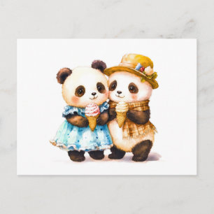 Waterverf Illustratie Van Twee Panda'S Die IJs Ete Briefkaart