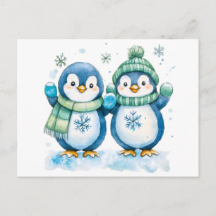 Waterverf illustratie van twee pinguïns briefkaart