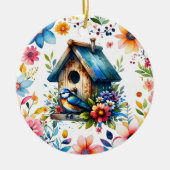 Waterverf Illustratie van Vogelhuis en Vogel Keramisch Ornament (Voorkant)