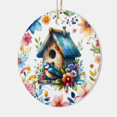 Waterverf Illustratie van Vogelhuis en Vogel Keramisch Ornament (Links)