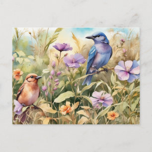 Waterverf Illustratie van Wilde Bloemen en Vogels Briefkaart