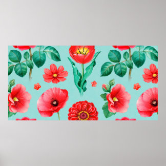 Waterverf illustraties van rode bloemen. Naadloos Poster