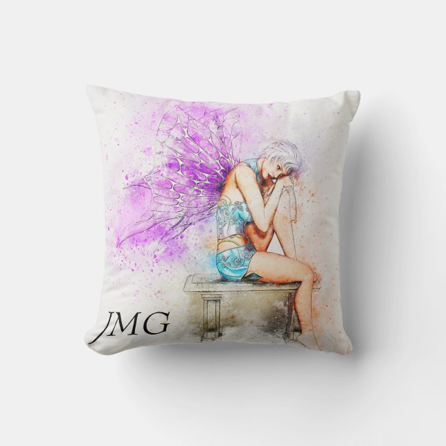 Waterverf in blauw met monogram kussen (Voorkant)