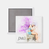 Waterverf in blauw met monogram magneet (Voorkant / Achterkant)