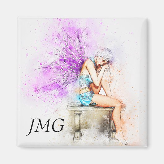 Waterverf in blauw met monogram magneet (Voorkant)