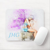 Waterverf in blauw met monogram muismat (Met muis)