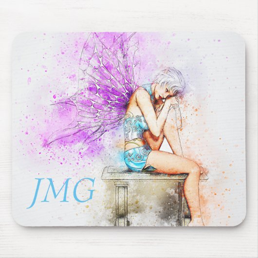Waterverf in blauw met monogram muismat (Voorkant)