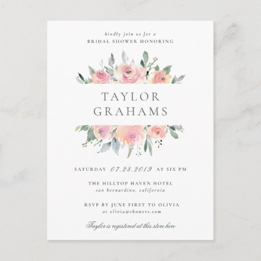 Waterverf in blozen en strippen Floral Vrijgezelle Uitnodiging Briefkaart (Voorkant)