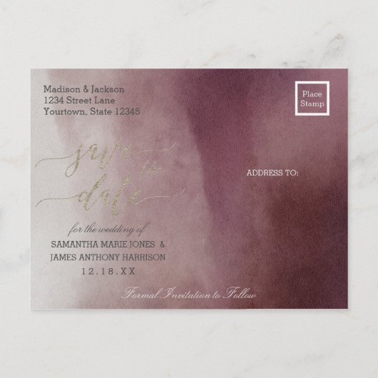 Waterverf in Cranberry Bruiloft Save the Date Aankondigingskaart (Achterkant)