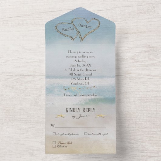 Waterverf in de oceaan met hart all in one uitnodiging (Binnen)