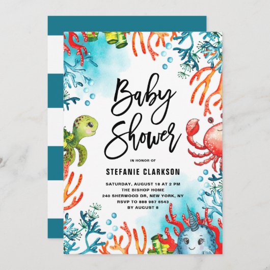 Waterverf in het kader van het Zee Friends Baby sh Kaart (Voorkant / Achterkant)