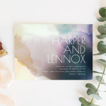 Waterverf in Paarse en gouden huwelijksuitnodiging