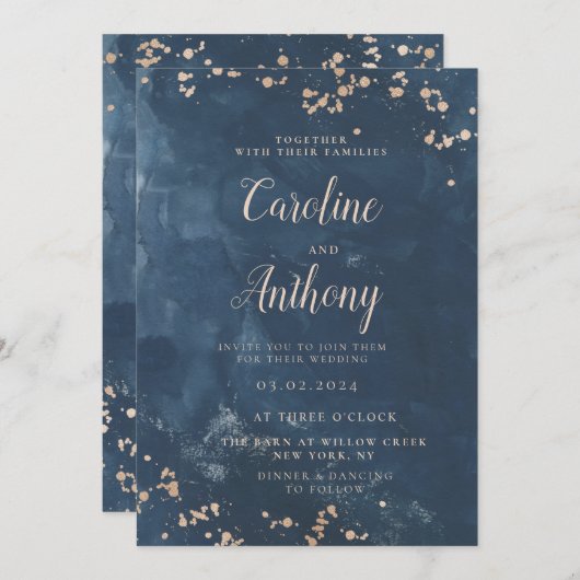 Waterverf Indigo Blue Roos Weddenschap Kaart (Voorkant / Achterkant)