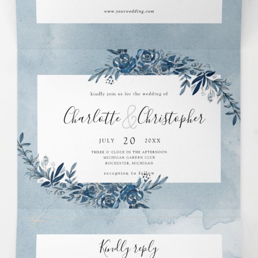 waterverf Indigo Blue RSVP aangesloten Drieluik Uitnodiging (Binnenkant midden)