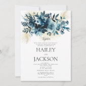 Waterverf indigoblauw gouden boeket bloemige bruil kaart (Voorkant)