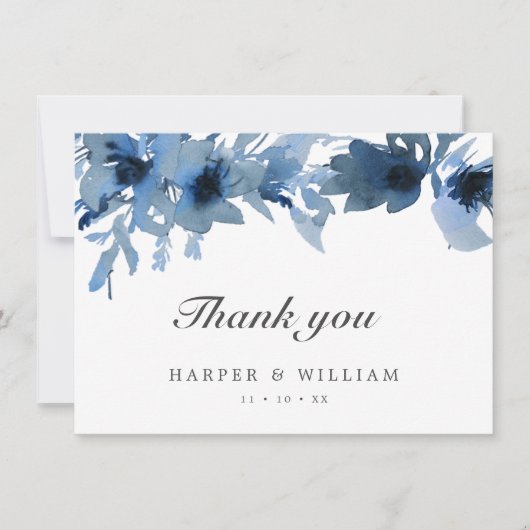 Waterverf indigoblauwe bloemen dank u voor uw opme kaart (Voorkant)