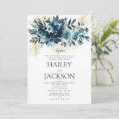 Waterverf indigoblauwe gouden boeket bloemige brui kaart (Staand voorkant)