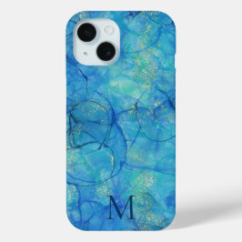 Waterverf Ink Blue & Gold + Monogram iPhone 15 Case