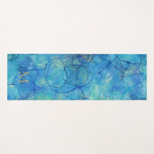 Waterverf Ink Blue & Gold - Monogram + naam Yogamat (Voorkant (horizontaal))