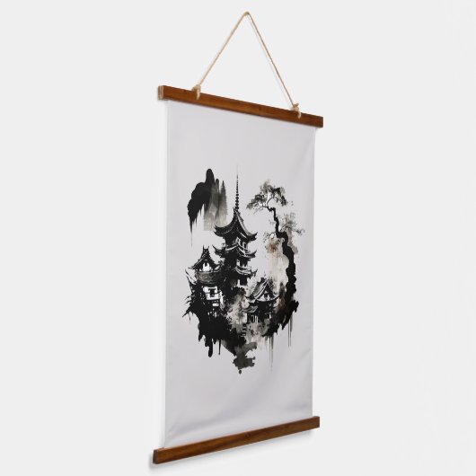Waterverf Ink Japans dorp Aziatisch Hangend Wandkleed (Gebogen)