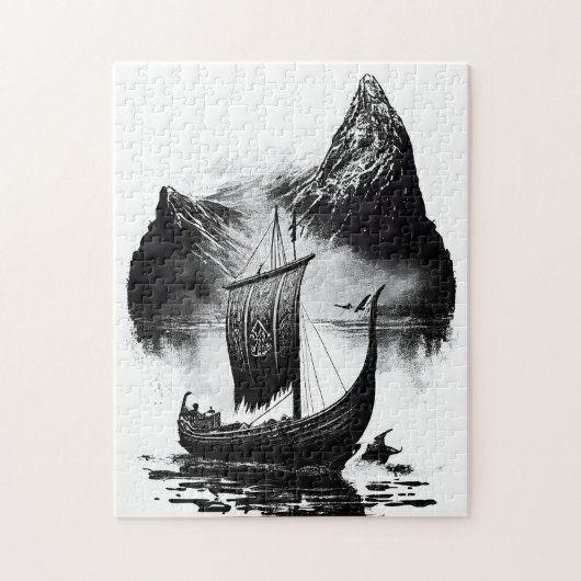 Waterverf inkt potlood van Vikings draakenschip. Z Legpuzzel (Verticaal)