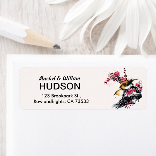 Waterverf & Inkt Tortelduifjes Bloemen Bruiloft Ad Etiket (Insitu)