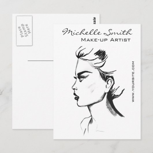 Waterverf inkt zwart-wit vrouwenmake-up briefkaart (Voorkant / Achterkant)