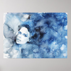 Waterverf inktportret van de vrouw, schilderen poster
