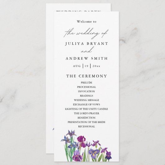 Waterverf Iris bloemenbruiloftsprogramma kaart (Voorkant / Achterkant)
