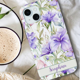  Waterverf Iris in Paarse aangepaste naam iPhone 15 Case