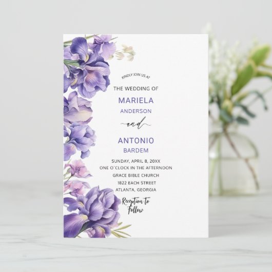 Waterverf Iris Lila Bloemen Waterverf bruiloft Kaart (Staand voorkant)