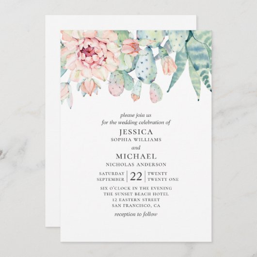 Waterverf is een sappige bruiloft. Roze florale ca Kaart (Voorkant / Achterkant)