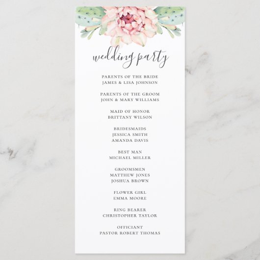 Waterverf is een sappige bruiloft. Roze florale ca Programmakaart (Achterkant)