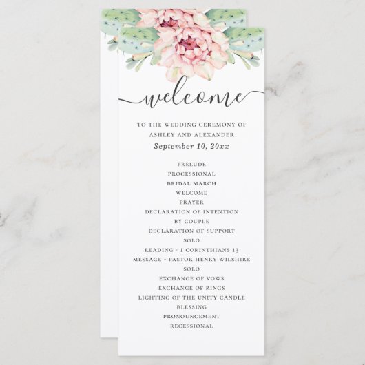 Waterverf is een sappige bruiloft. Roze florale ca Programmakaart (Voorkant / Achterkant)