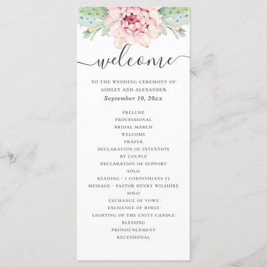 Waterverf is een sappige bruiloft. Roze florale ca Programmakaart (Voorkant)