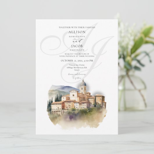 Waterverf Italiaans Monogram Bestemming Bruiloft Kaart (Staand voorkant)