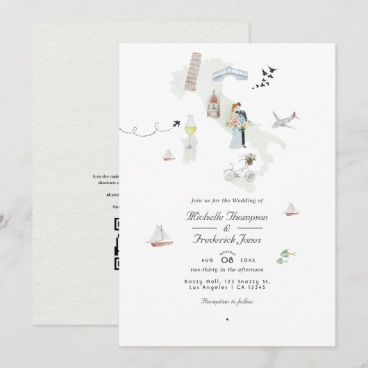 Waterverf Italiaanse QR-code bestemming huwelijk Kaart (Voorkant / Achterkant)