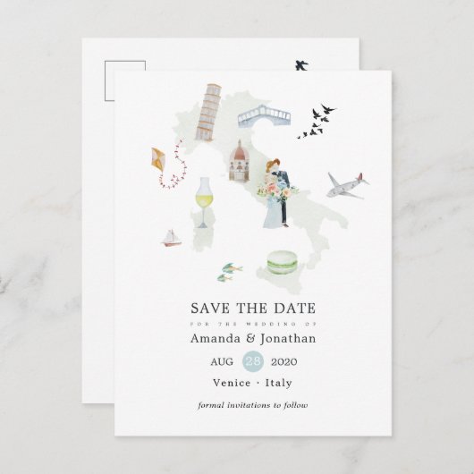 Waterverf Italië Bestemmingsweddenschap Opslaan Da Aankondigingskaart (Voorkant / Achterkant)