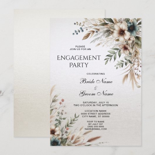 Waterverf Ivoor Blauw Bloem Verloving Uitnodiging (Voorkant / Achterkant)