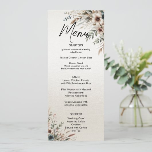 Waterverf Ivoor Blauw Bloemen Bruiloft Menu (Staand voorkant)