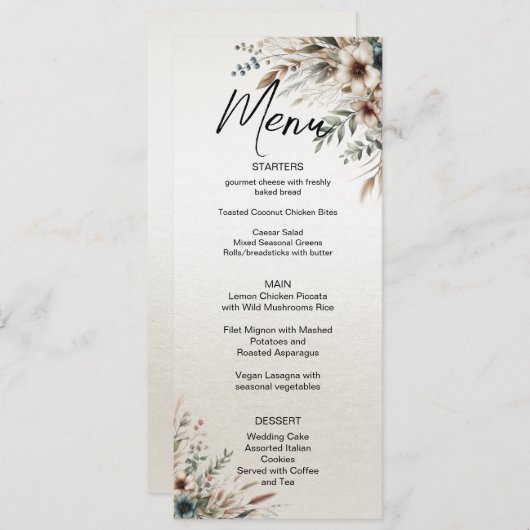 Waterverf Ivoor Blauw Bloemen Bruiloft Menu (Voorkant / Achterkant)