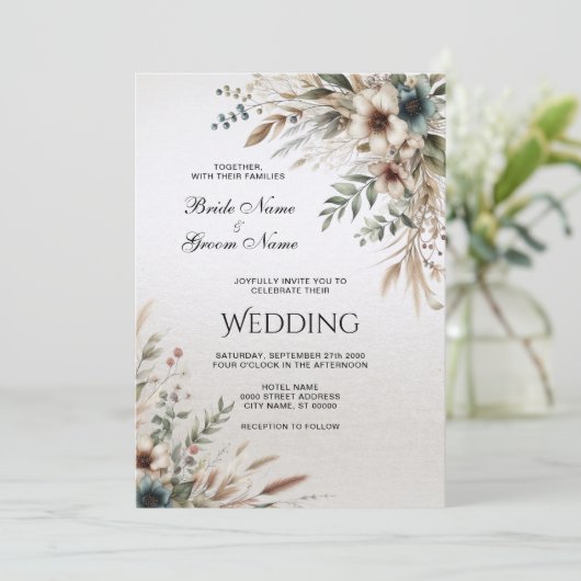 Waterverf Ivoor Blauw Bloemen Bruiloft Uitnodiging (Staand voorkant)