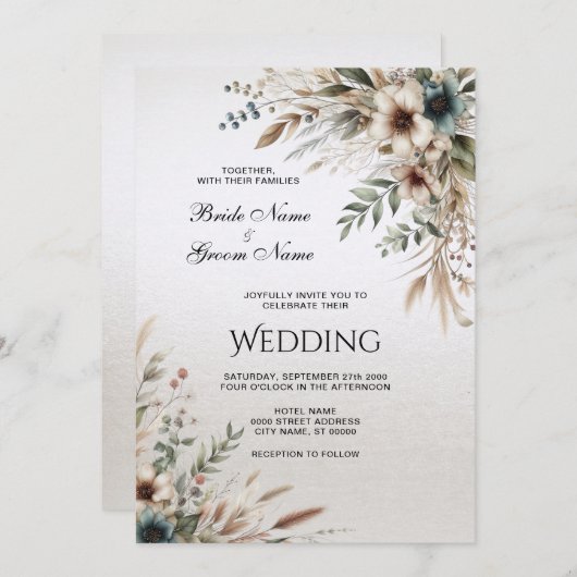 Waterverf Ivoor Blauw Bloemen Bruiloft Uitnodiging (Voorkant / Achterkant)