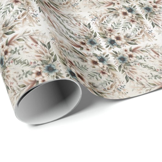 Waterverf Ivoor Blauw Bloemen Inpakpapier (Rol Hoek)