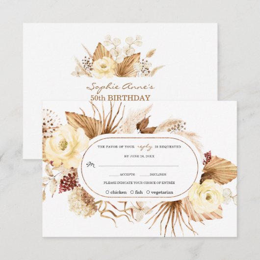 Waterverf Ivoor Bloemen Pampas Gras Verjaardag  RSVP Kaartje (Voorkant / Achterkant)