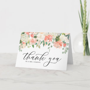 Waterverf Ivoor Peach Peony en Hydrangea Weddensch Bedankkaart