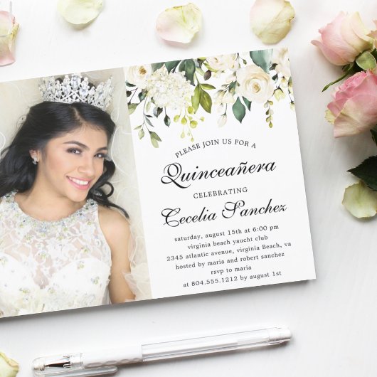 Waterverf Ivoor Rozen Quinceanera Foto Kaart